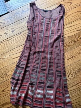 Peruvian Connection Mauve Pink & Olive Striped Knit Midi Dress